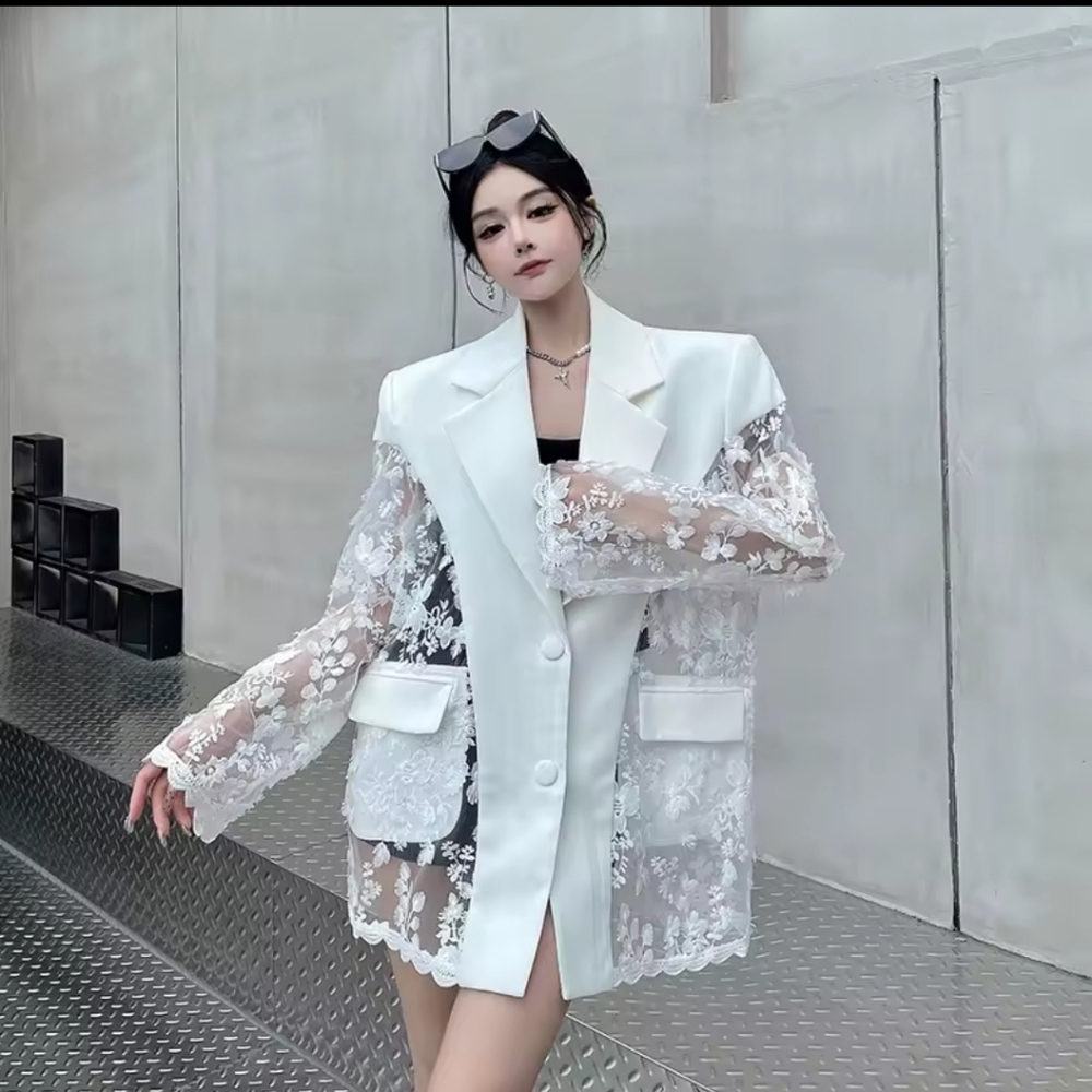 Fashion Floating Flower Design PerspectivePatchwork Blazer Women's Lapel Loose - Picture 2 of 6